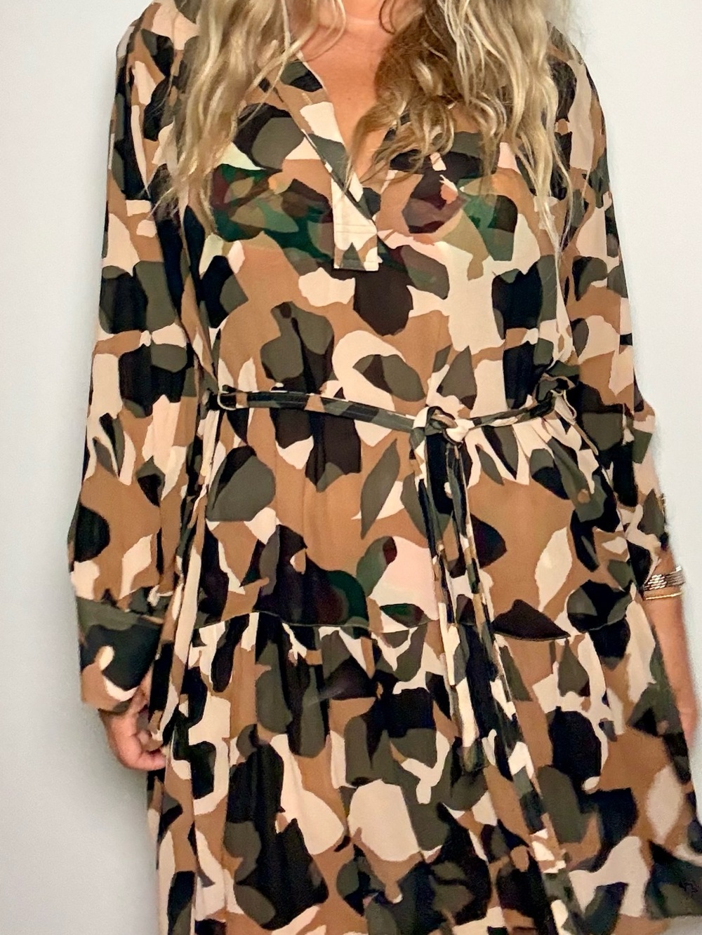 Hugo Boss Tiered Shirt Dress in Tan, Green and Black Camouflage